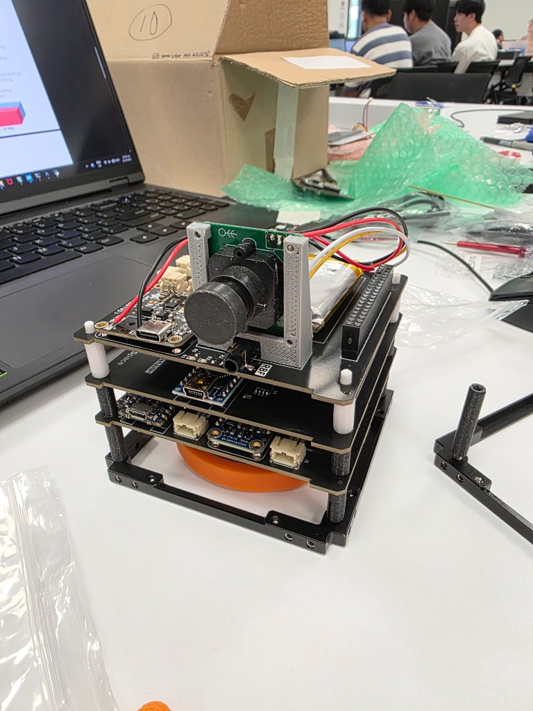 Close-up of CubeSat internal electronics and camera mount